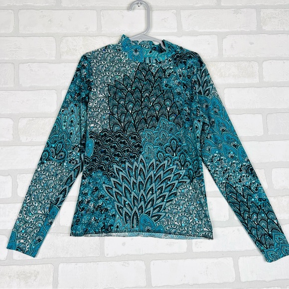 Western Show‎ Shirt, Pleasure, Rodeo, Leadline, Slinky, Sparkly Teal, Size 10-12 - Picture 1 of 9